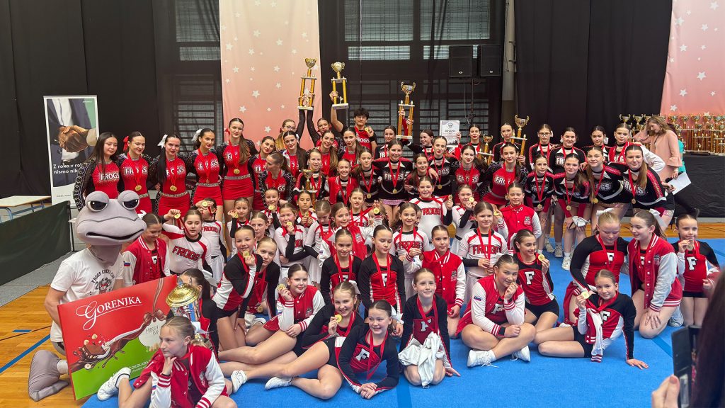 Skupinska fotografija vseh tekmovalnih cheerleading skupin na Frogs cheer cupu 2026.